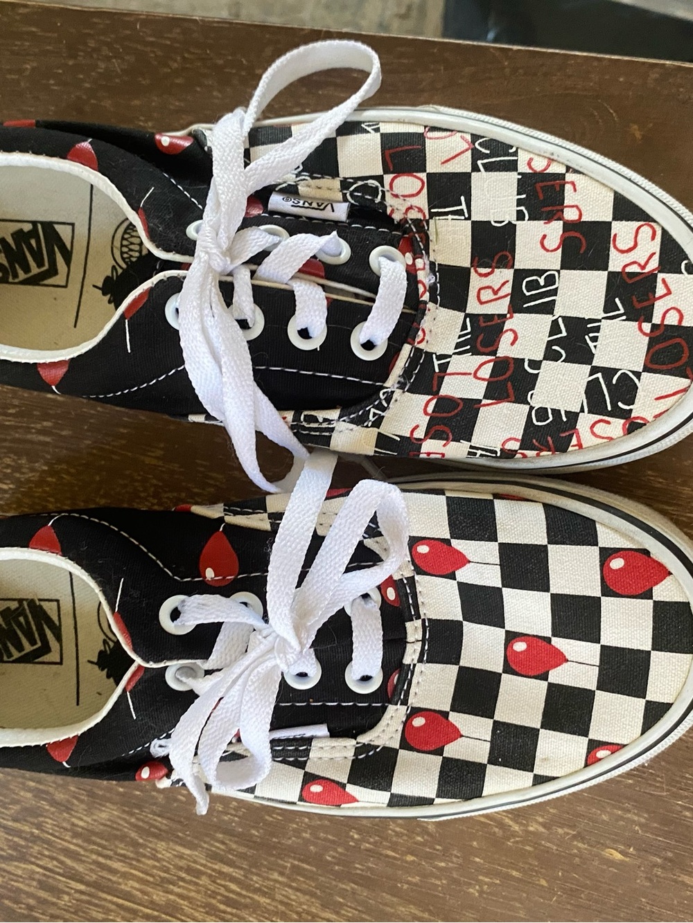 Vans Kids Checkerboard Sneakers with Red Balloon Motif - Black/White/Red